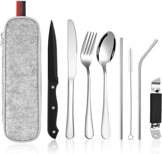 Set da cucina da campeggio e viaggio - Set 9 pezzi in acciaio inossidabile con tasca portatile - Forchetta, cucchiaio, coltello steak, stuzzicadenti, spazzola da cucina, apripettti