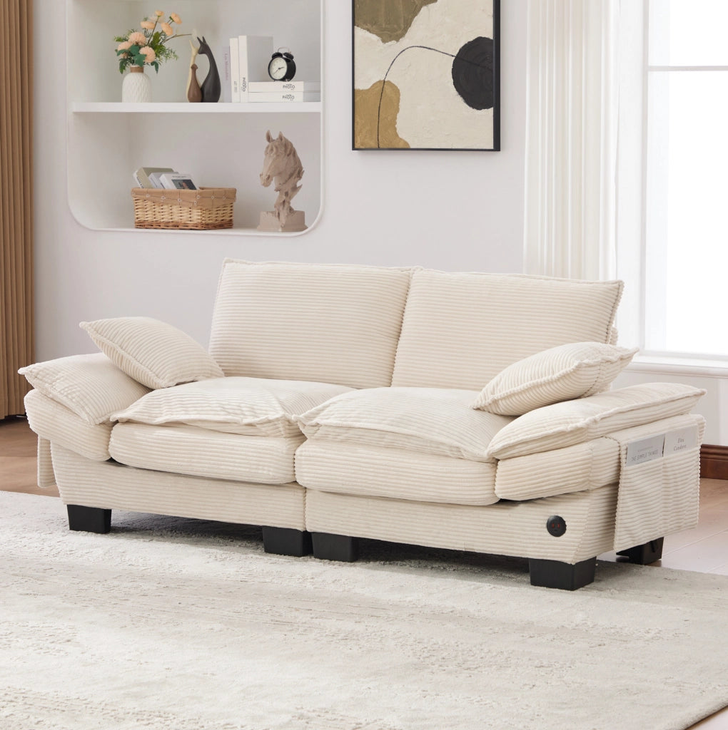 Divano 190x73x84 cm beige – 2 posti modulare con USB-C, tessuto corduroy