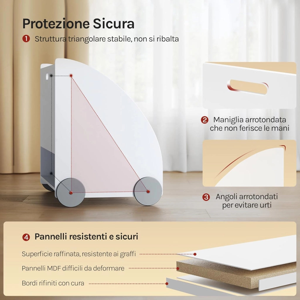 Libreria per bambini in legno, scaffale per giocattoli a 3 livelli, organizza libri con ruote cameretta, bianco