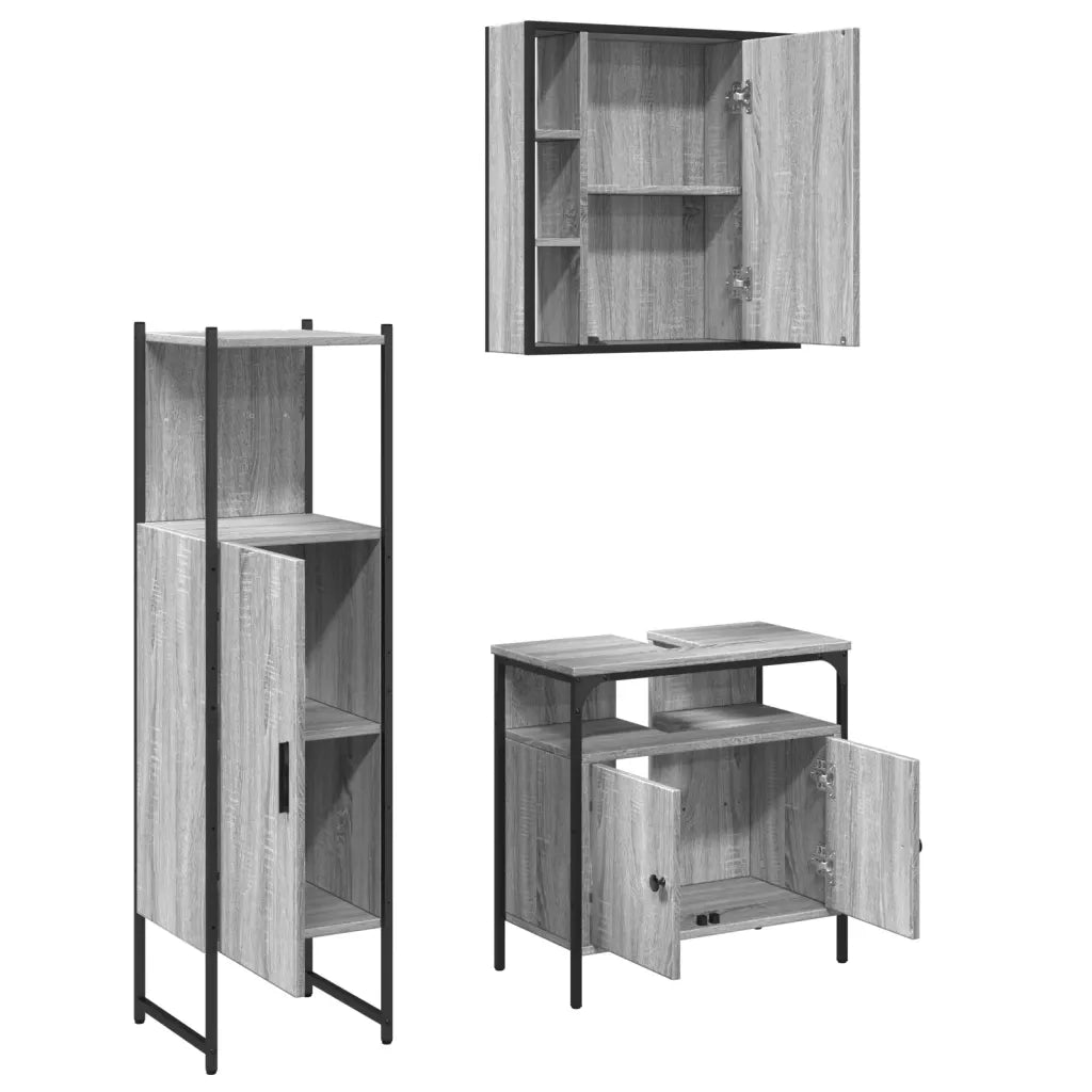 Set Mobili da Bagno | Armadio da bagno 3 pz Grigio Sonoma in Legno Multistrato