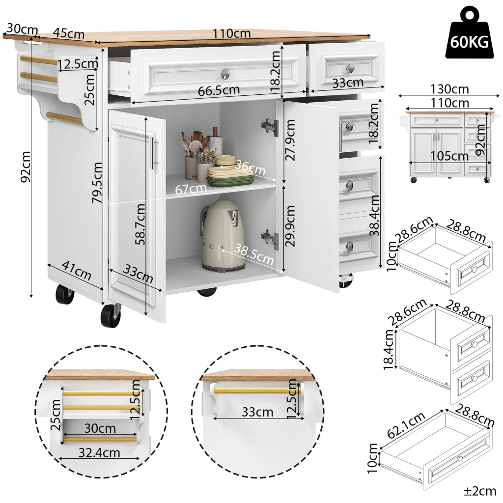 Carrello da cucina con 1 cassetto; ripiani regolabili e piano ribaltabile; in MDF; Bianco; per cucina
