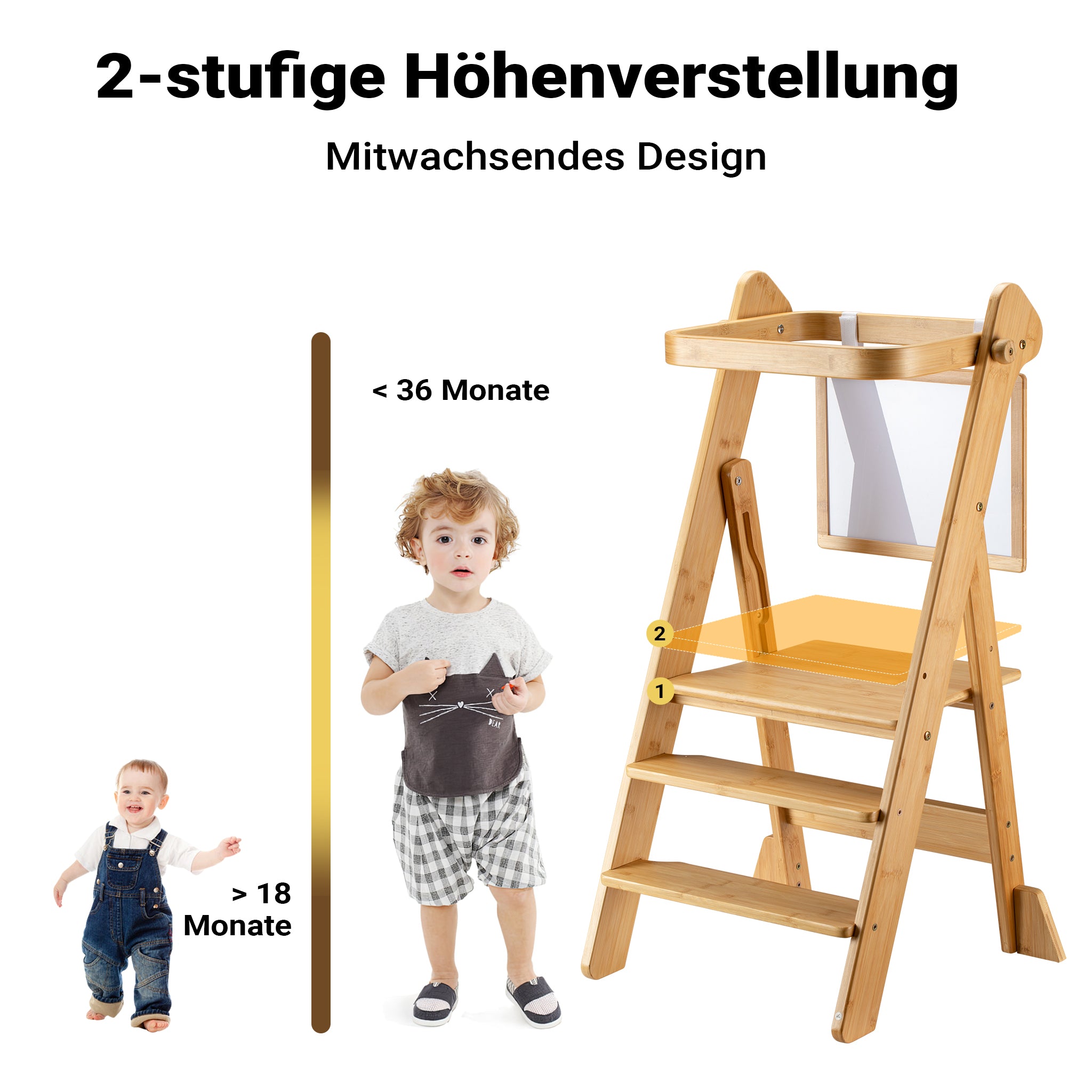 Torre di apprendimento pieghevole per bambini 43 x 48 x 91 cm in bambù, torre montessoriana regolabile in altezza per bambini, sgabello per bambini con barra di protezione