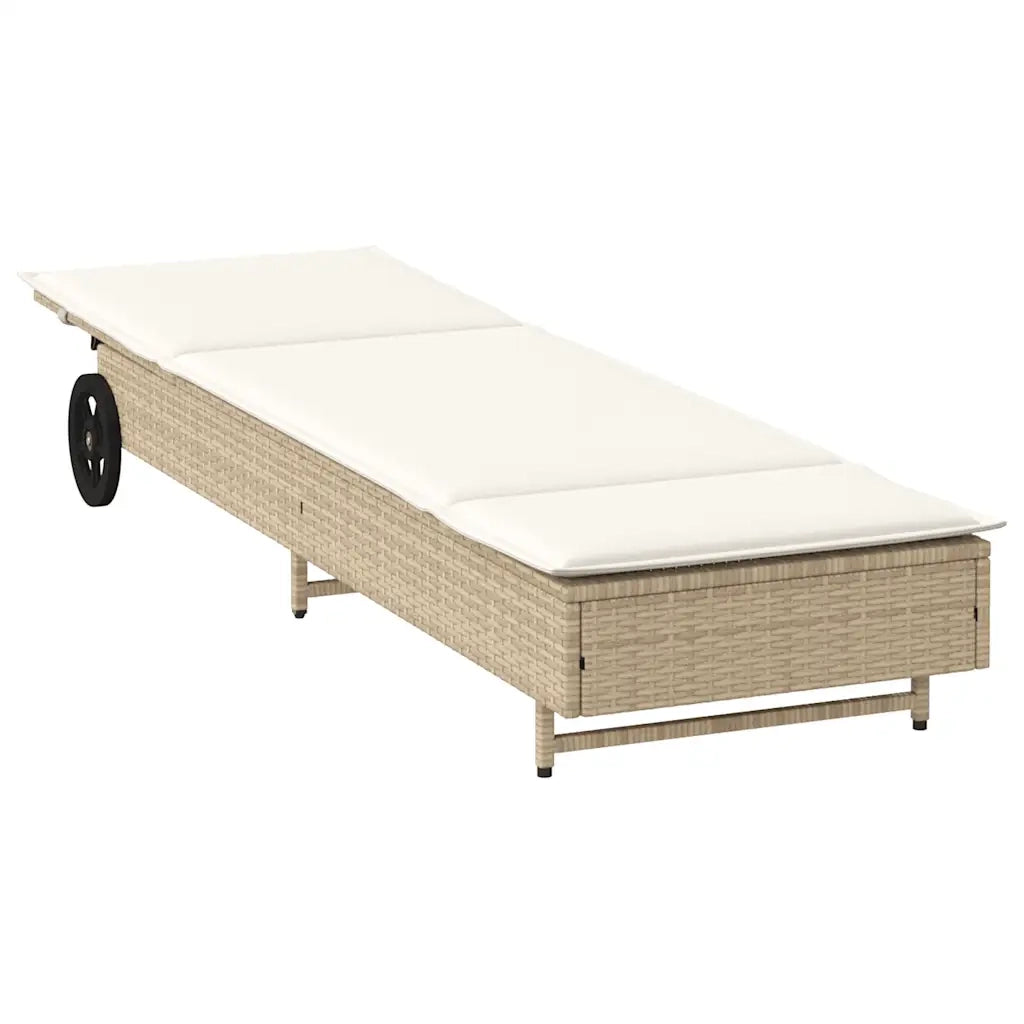 Lettino Prendisole con Ruote e Cuscino in Polyrattan Beige