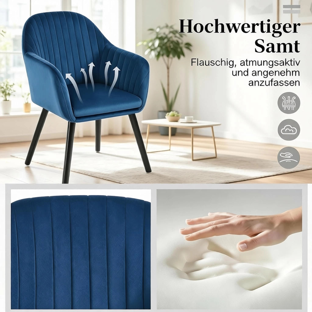 SEDIA da pranzo imbottita 81 cm Velluto Nero/Blu Set da 2 pezzi