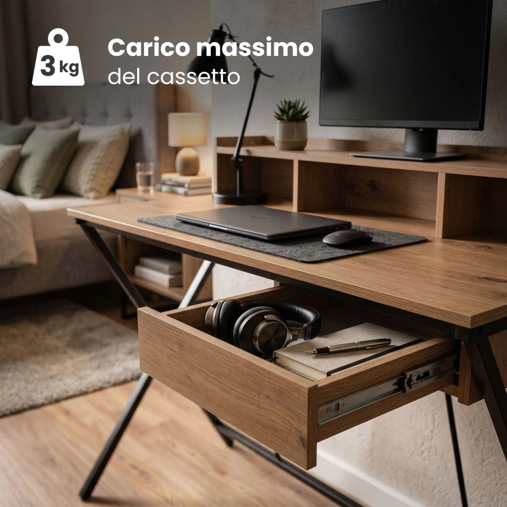 Scrivania PC industriale Rovere Artisan FLEXO 100 cm 1 cassetto 1 ripiano gambe nere