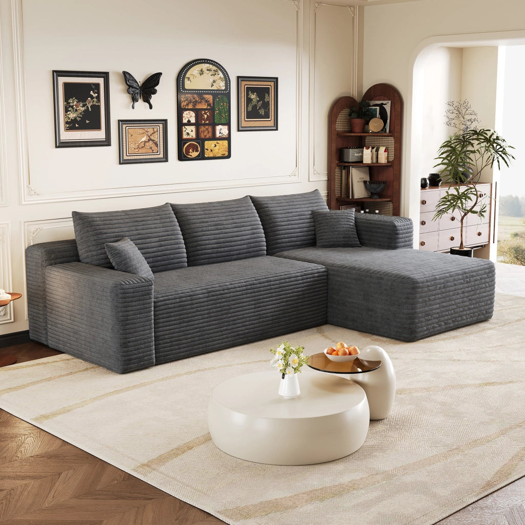 Divano angolare in tessuto con montaggio semplice e seduta morbida per soggiorno grigio scuro 241 × 151 × 58 cm