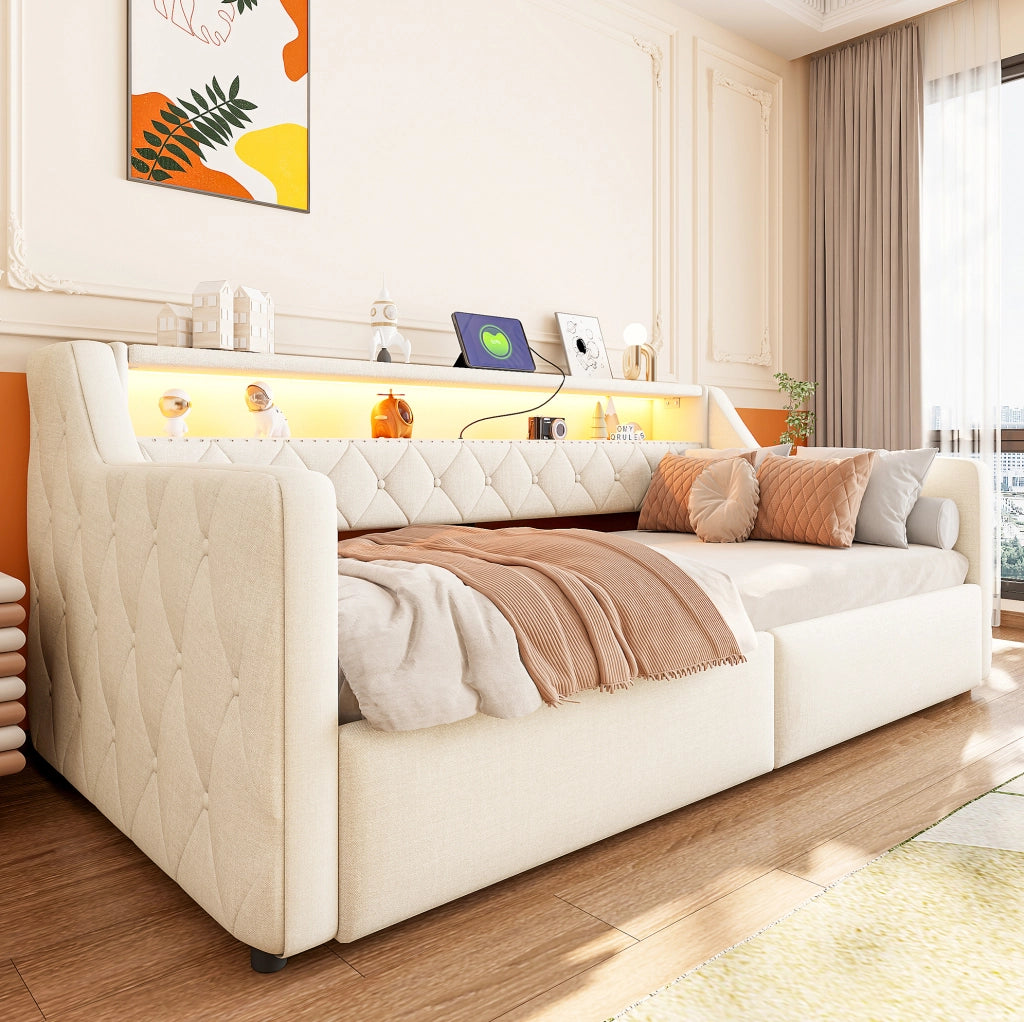 Daybed 90x200 cm con contenitore idraulico, LED e porte USB/USB-C