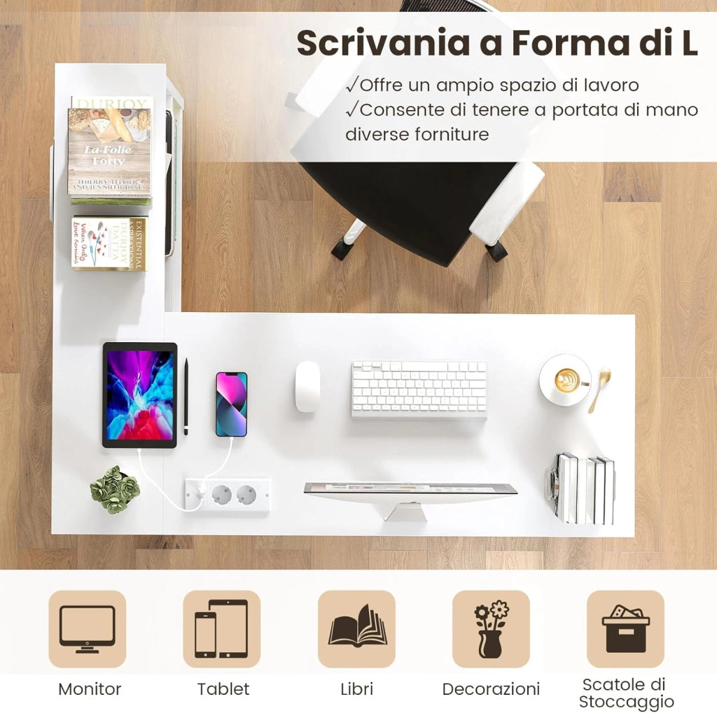 Scrivania Angolare Salvaspazio con Stazione di Ricarica e Ripiani Aperti, Scrivania ad Angolo in Legno con Struttura Metallica, Scrittoio per Computer per Soggiorno, Studio e Ufficio