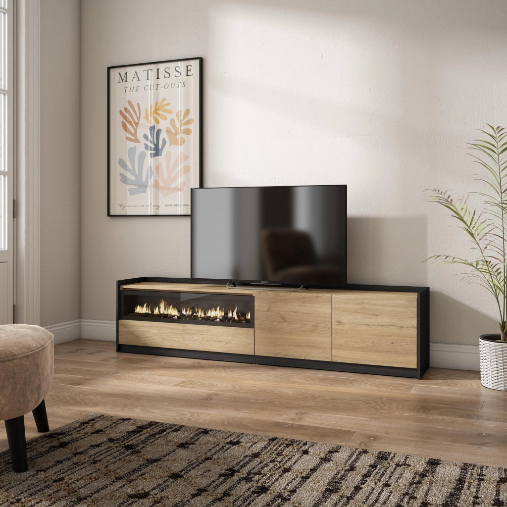 Mobile TV Soggiorno, 207x50x37 cm, Per TV fino a 80", Camino elettrico, Rovere e nero