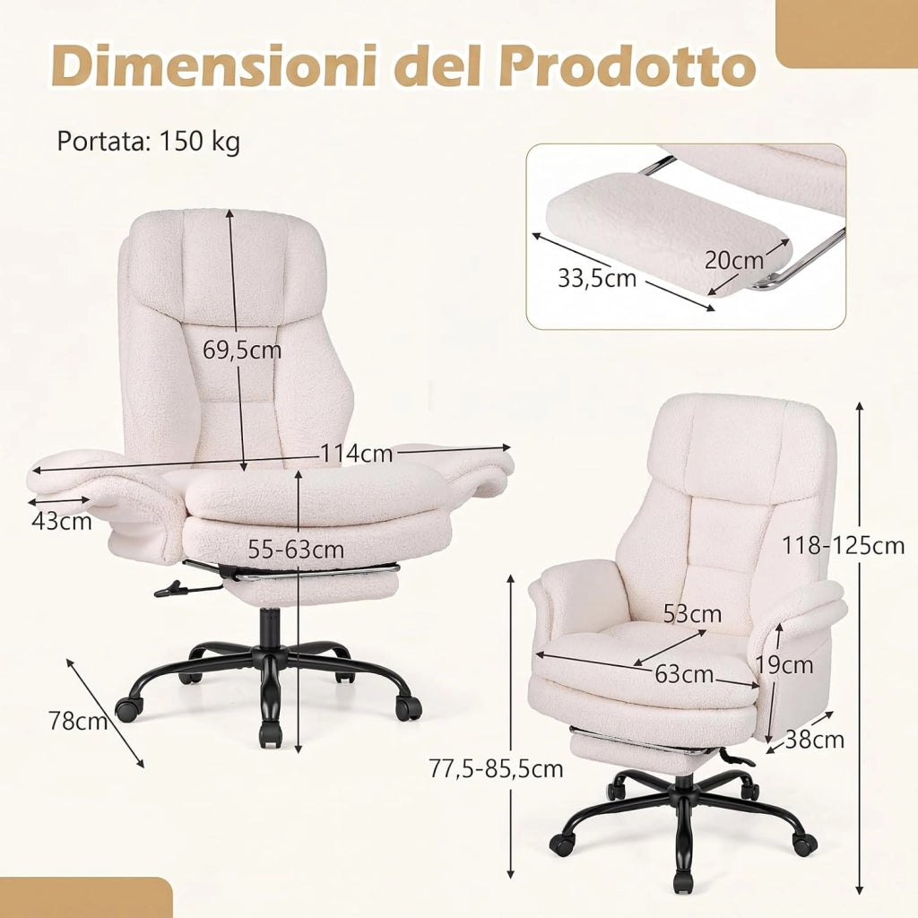 Sedia da Ufficio Ergonomica, Portata 150 kg (Bianco) | Sedia Scrivania con Rotelle Girevole, Braccioli Regolabili su 5 Livelli e Poggiapiedi Retrattile, per Casa e Ufficio