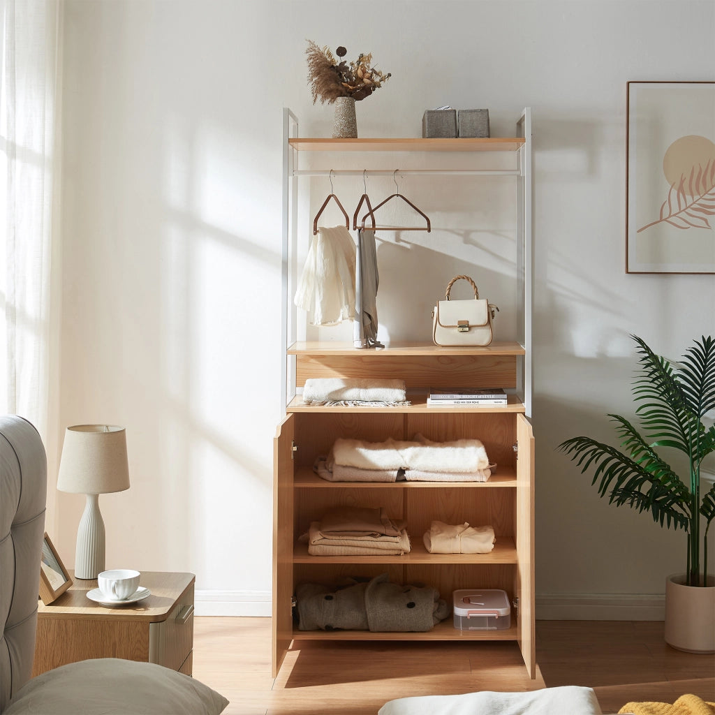 Organizzatore Guardaroba Larem Mobile Porta Abiti con Armadietto - Bianco / Effetto Rovere [en.casa]
