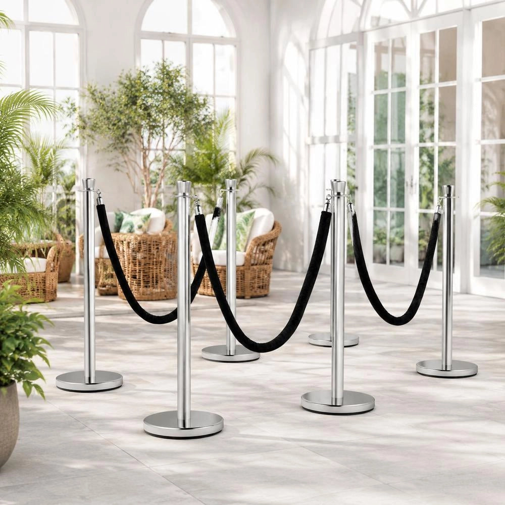 Crowd Control Support, 2-piece Set, Stake Set With 1.5 M Black Velvet Rope, Silver Crowd Control Barrier With Stable Concrete And Metal Base – Easy Assembly