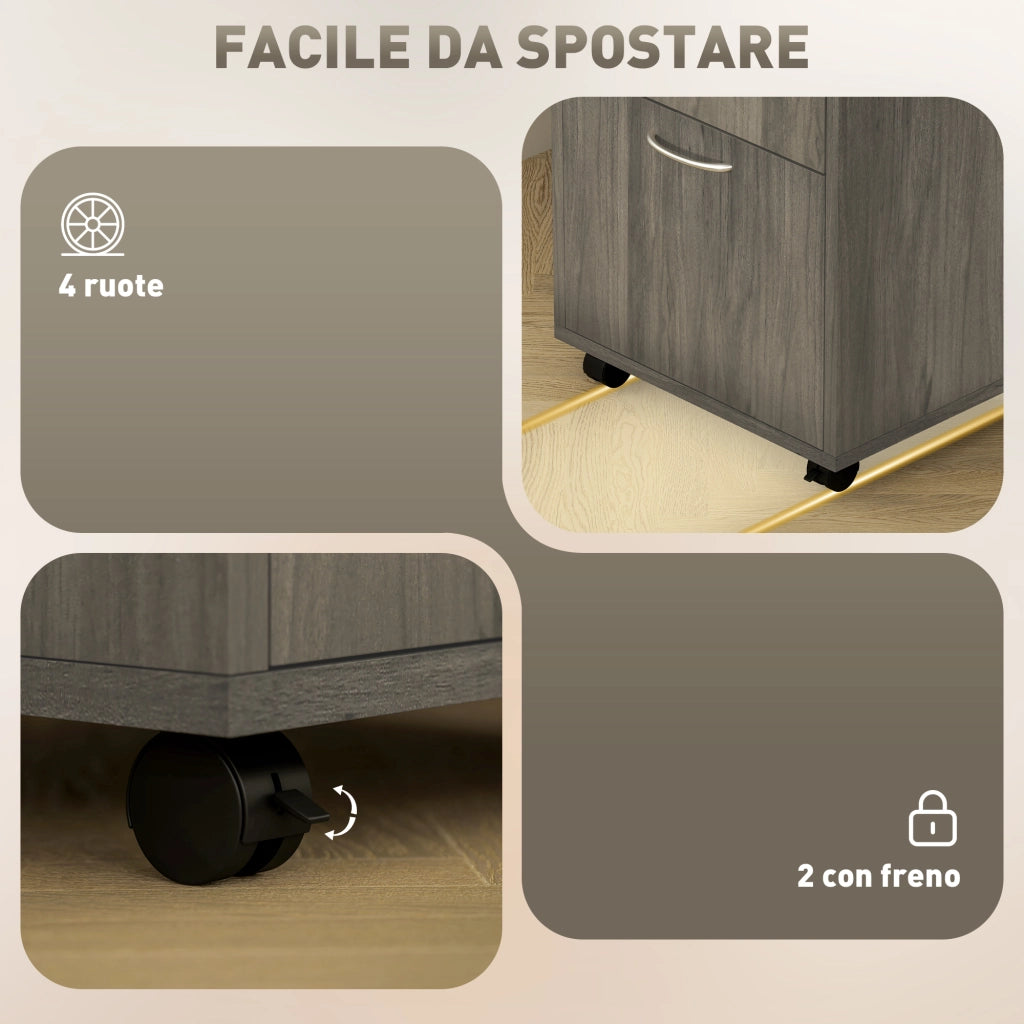 Cassettiera Portadocumenti a 4 Ruote con Ripiano Aperto e Cassetti, in Legno e Metallo, 40x35x60 cm, Grigio
