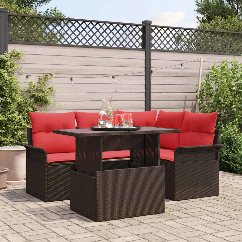 Set Divano da Giardino con cuscino 5 pcs Marrone polyrattan