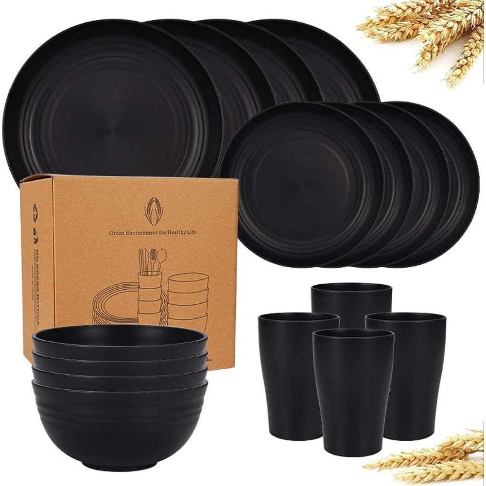 Trade Shop - Set Da 16pz Stoviglie In Paglia Di Grano Ciotole Piatti Infrangibili Posate Riutilizzabili -
