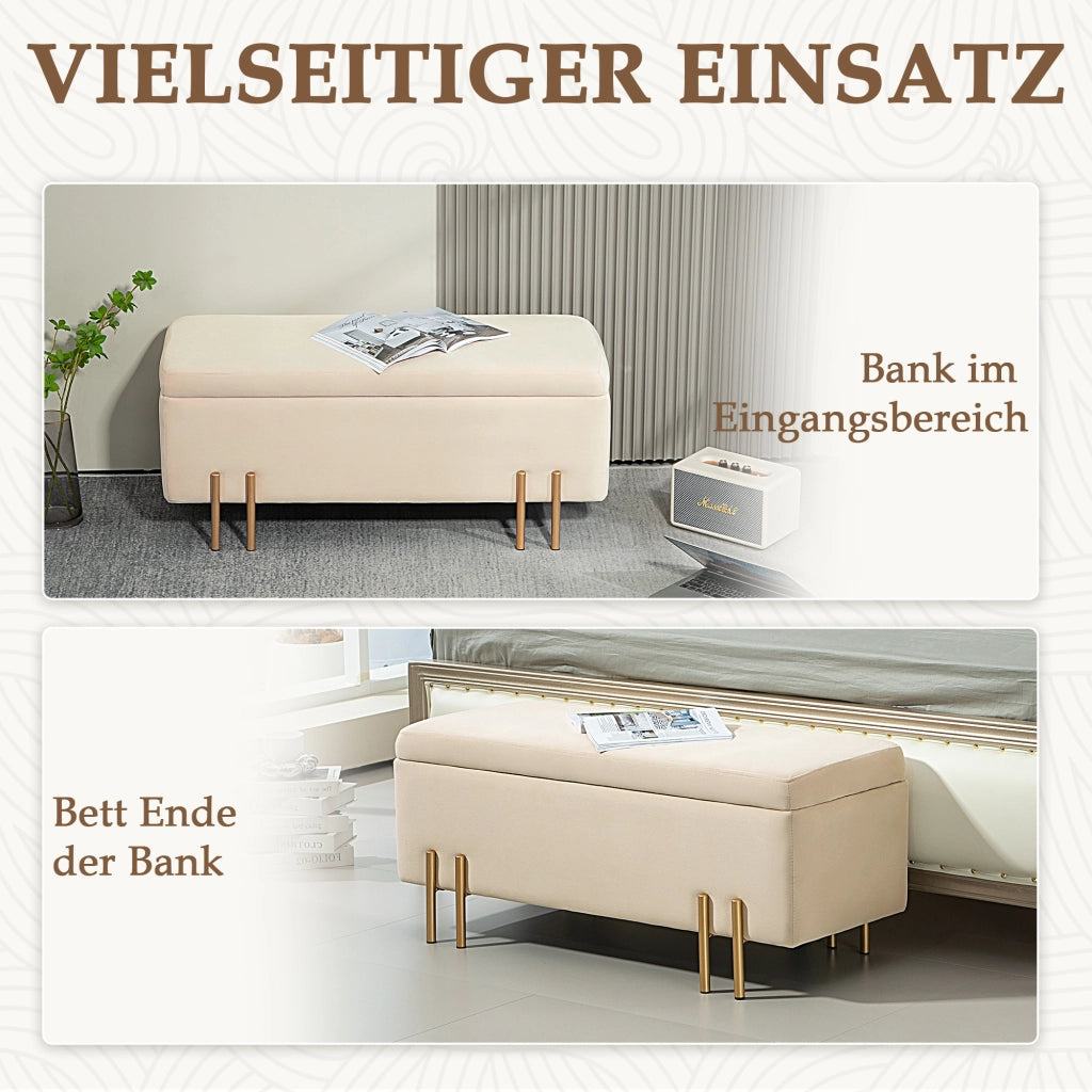 Panca contenitore con seduta imbottita e struttura in legno e metallo per ingresso soggiorno camera da letto beige 100 × 40 × 42 cm