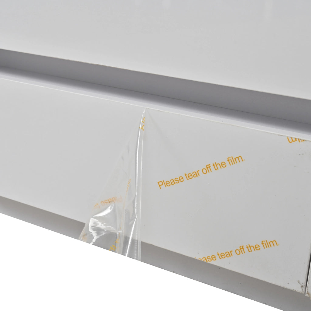 Tavolino da caffè 100x50x40 cm con 4 cassetti; LED; piano in vetro temperato; truciolare bianco
