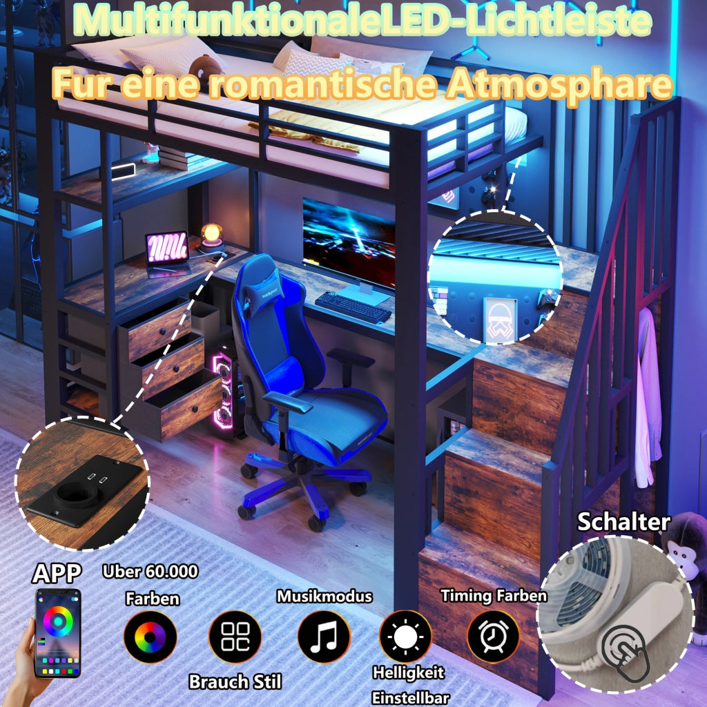 Letto a castello con scrivania a LED 90x200 cm realizzato in MDF nero e metallo