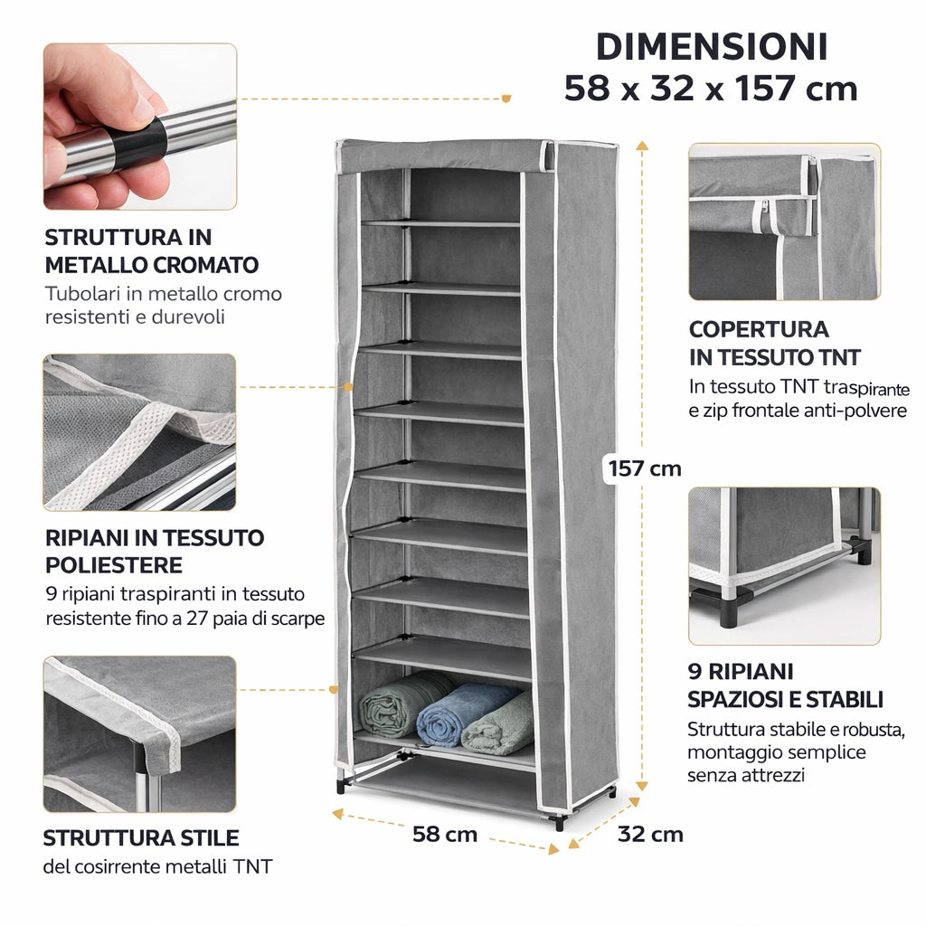 Armadio Scarpiera Salvaspazio 9 Ripiani TNT Struttura Metallo 58x32 h157 cm