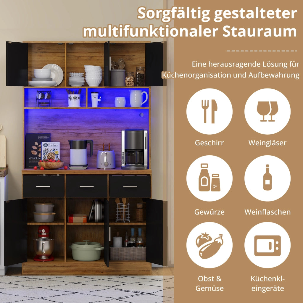 Credenza da Cucina Alta con 6 Ante; 3 Cassetti; Ripiani Regolabili; LED e Prese; in MDF; 100 x 40 x 180 cm; Naturale Nero