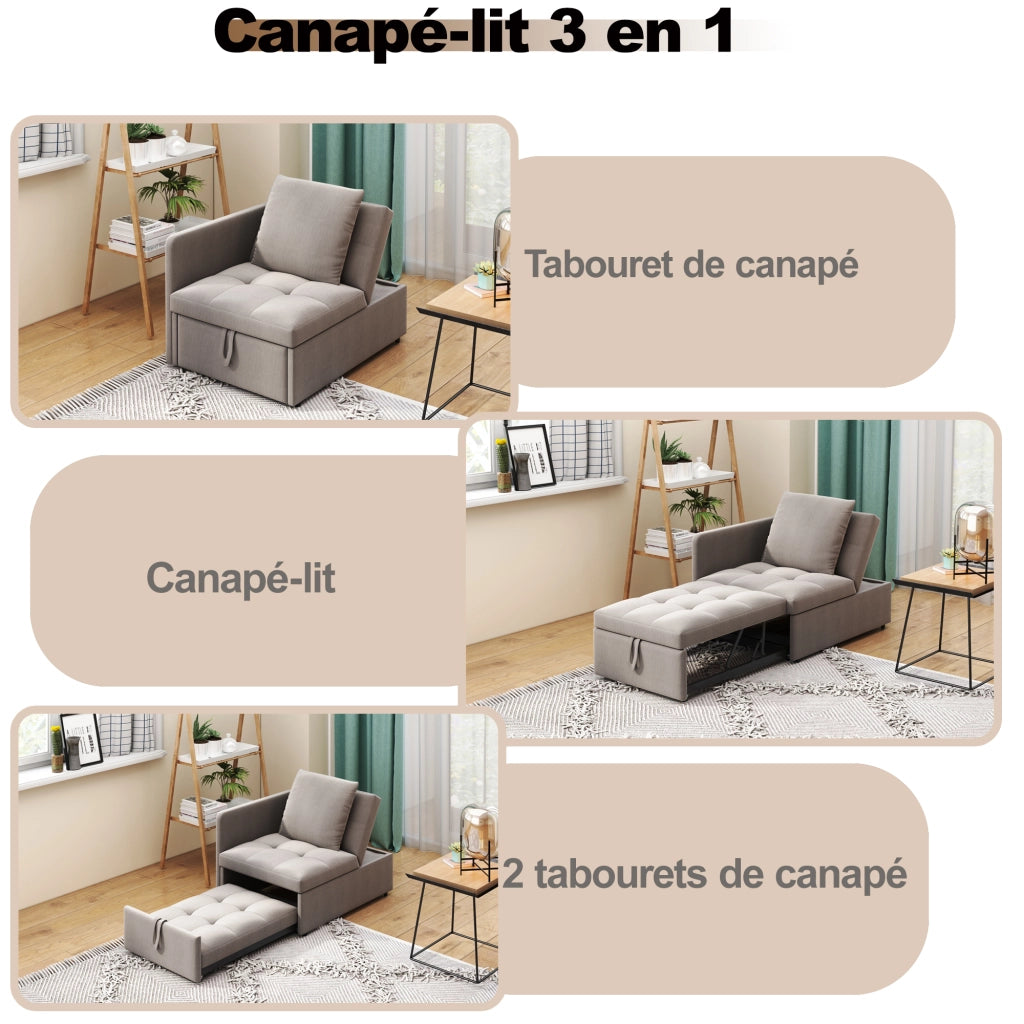 OKWISH Divano letto 3 in 1 imbottito, schienale regolabile a 5 posizioni con cuscino, tessuto di lino, Grigio, 177 x 68 x 65 cm