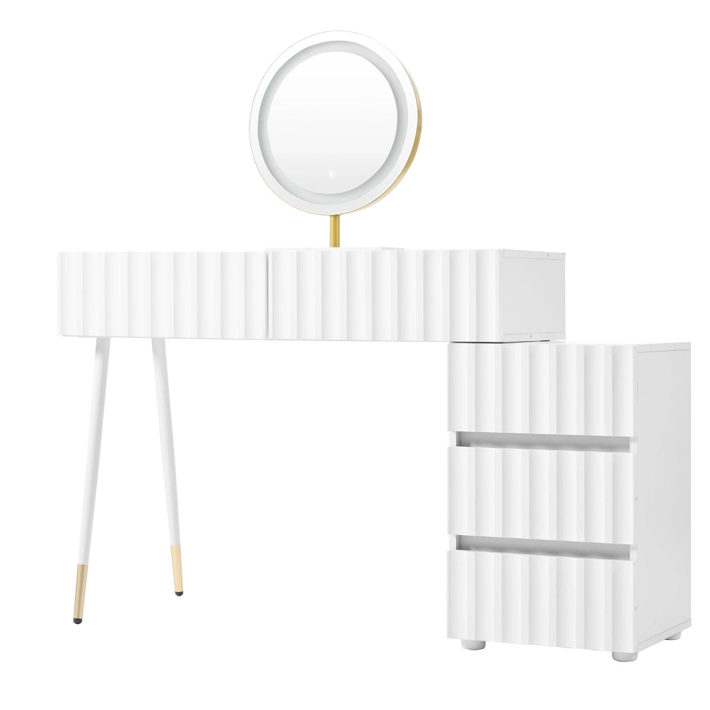 Tavolo da trucco bianco con specchio LED, 5 cassetti e mobile laterale, 100x40x127 cm