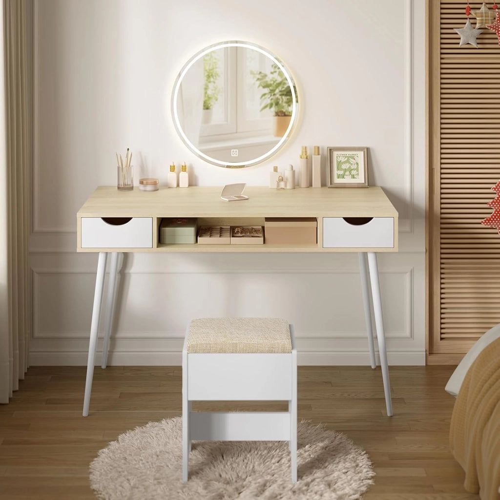 Scrivania Bianca con 2 Cassetti e Ripiano - 120x58x75cm Tavolo Quercia PC per Soggiorno - Telaio Metallo