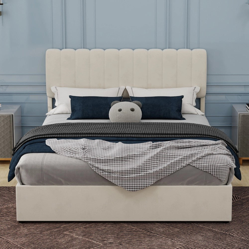 Letto Contenitore Imbottito ¨C MINIMAL ¨C Velluto Beige 160x200 con Rete e Testiera