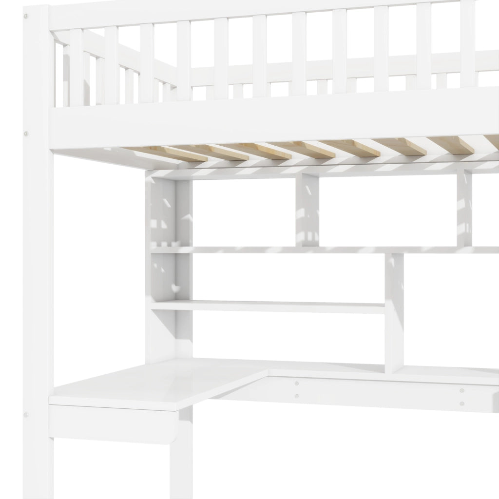 Letto a soppalco 90x200 cm bianco con scrivania, scala contenitore e LED