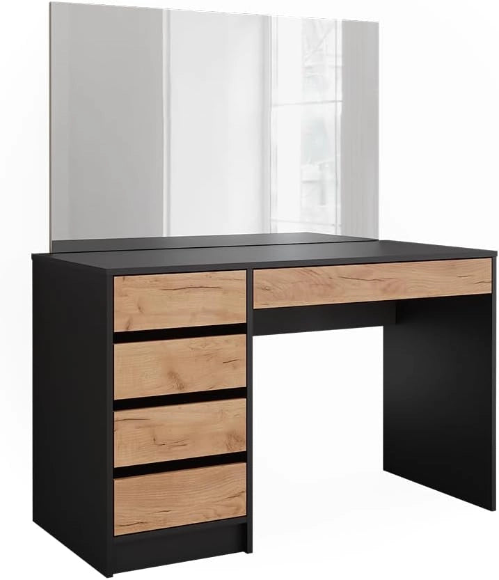 Tavolo da toilette Sherry, Antracite/quercia dorata, 120 x 75 cm con specchio, con specchio rettangolare per uso quotidiano