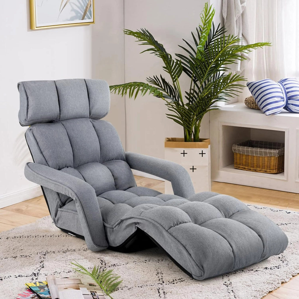 Poltrona Salotto da Terra, Sedie Pieghevoli Imbottita Chaise Longue Reclinabile in 5 Posizioni, con Regolabili Braccioli Schienale, per Yoga Relax Meditazione, 195x73x19 cm(Grigio)