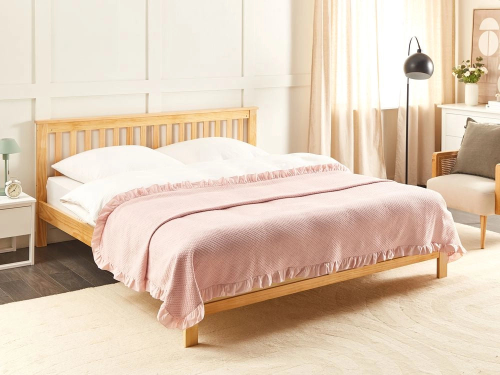 Copriletto in cotone rosa pastello 220 x 240 cm con balza decorativa Camera da letto