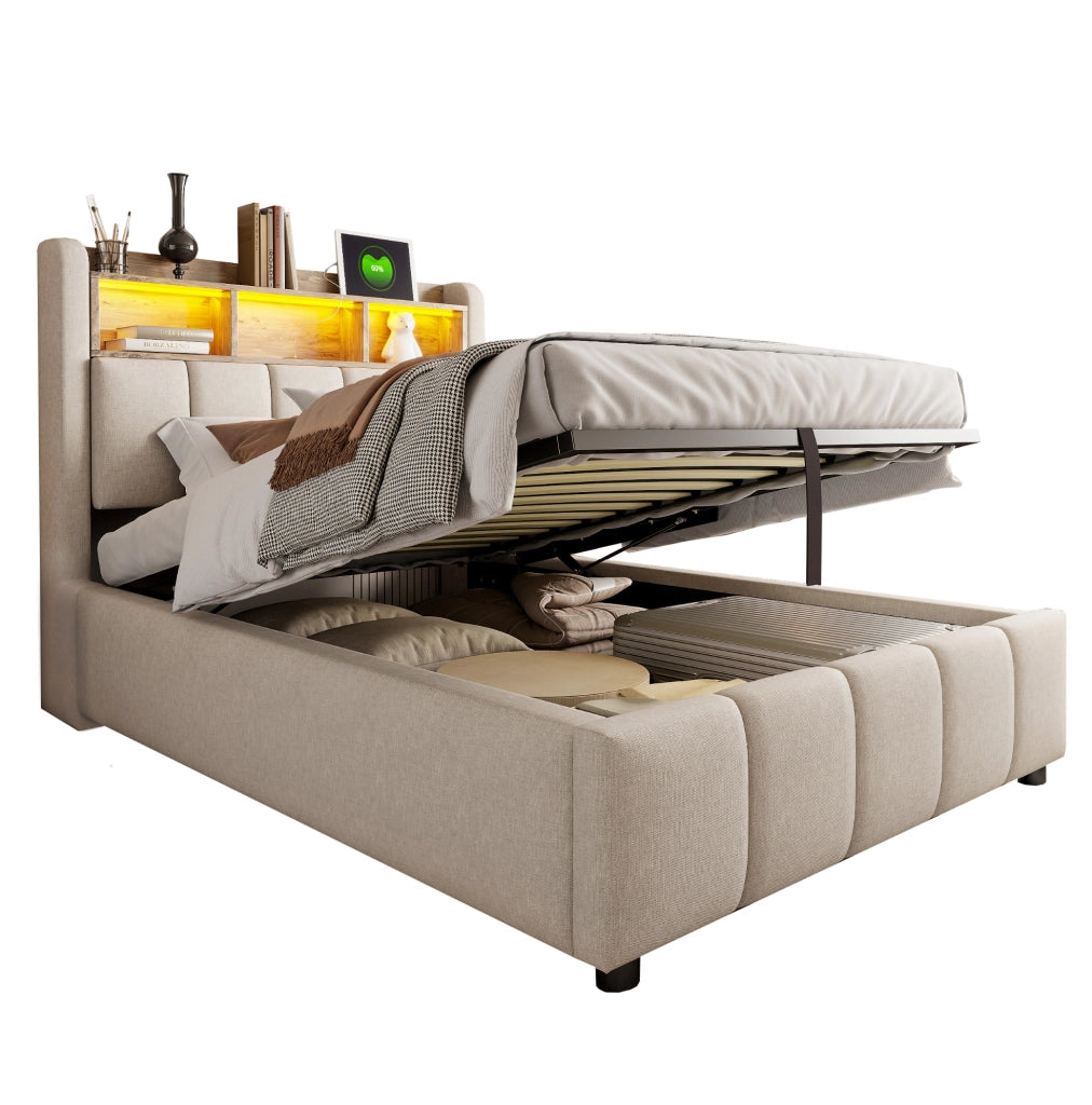 Letto imbottito 90x200 cm con LED; USB e Type-C; contenitore idraulico; lino beige