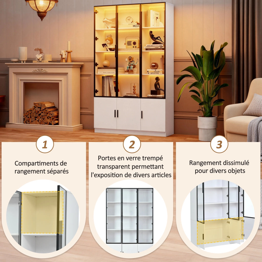 Vetrina con LED e 12 ante in vetro con ripiani, per soggiorno e sala espositiva, in MDF e vetro, bianco