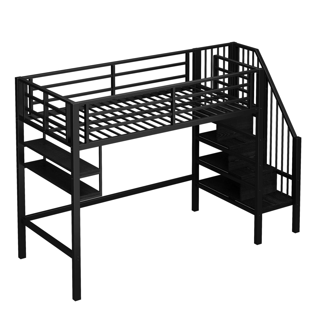 LETTO A SOPPALCO 90x200 cm con ripiani e scala contenitore, nero