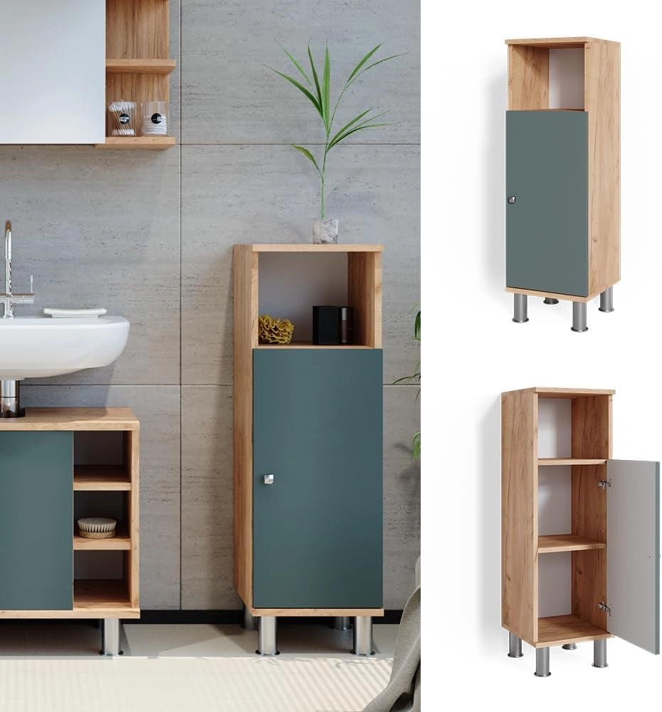 Mobiletto bagno Fynn, Verde, 30 x 95 cm, per la conservazione di accessori da bagno e compatibile con Fynn