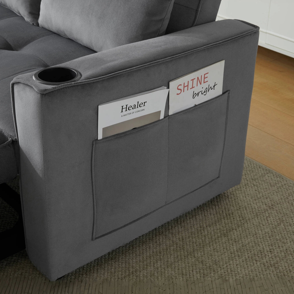 OKWISH Divano Letto 2 Posti, Schienale Regolabile a 3 Posizioni con Portabicchieri e Tasche Laterali, Velluto Grigio