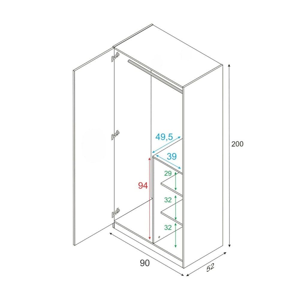 Guardaroba Alpine, Armadio per camera da letto a 2 ante battenti, Mobile con 3 ripiani e barra appendiabiti, cm 90x52h200, Bianco e Blu