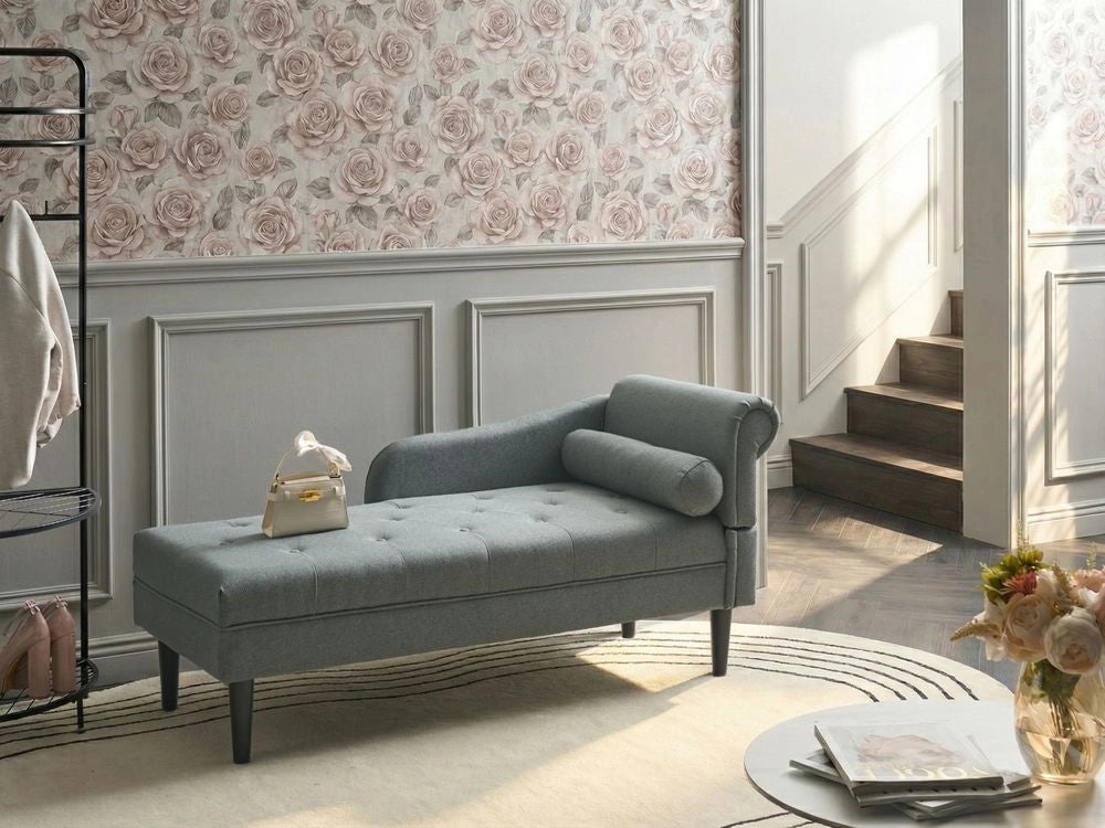 Chaise longue destra in tessuto verde imbottita con cuscino Gambe in legno facili da pulire Soggiorno moderno