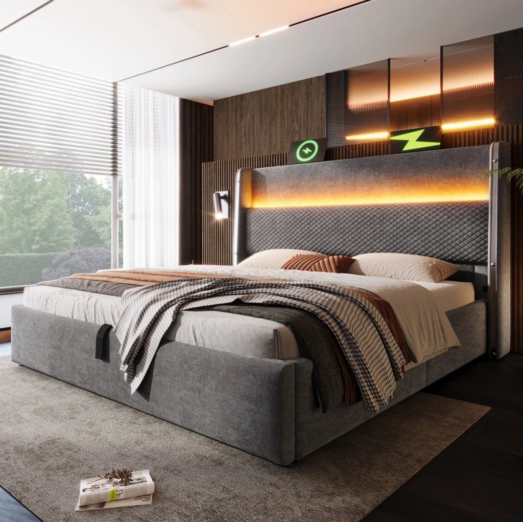 Letto matrimoniale 160x200 cm con testiera alta; LED; USB e contenitore; grigio; con materasso