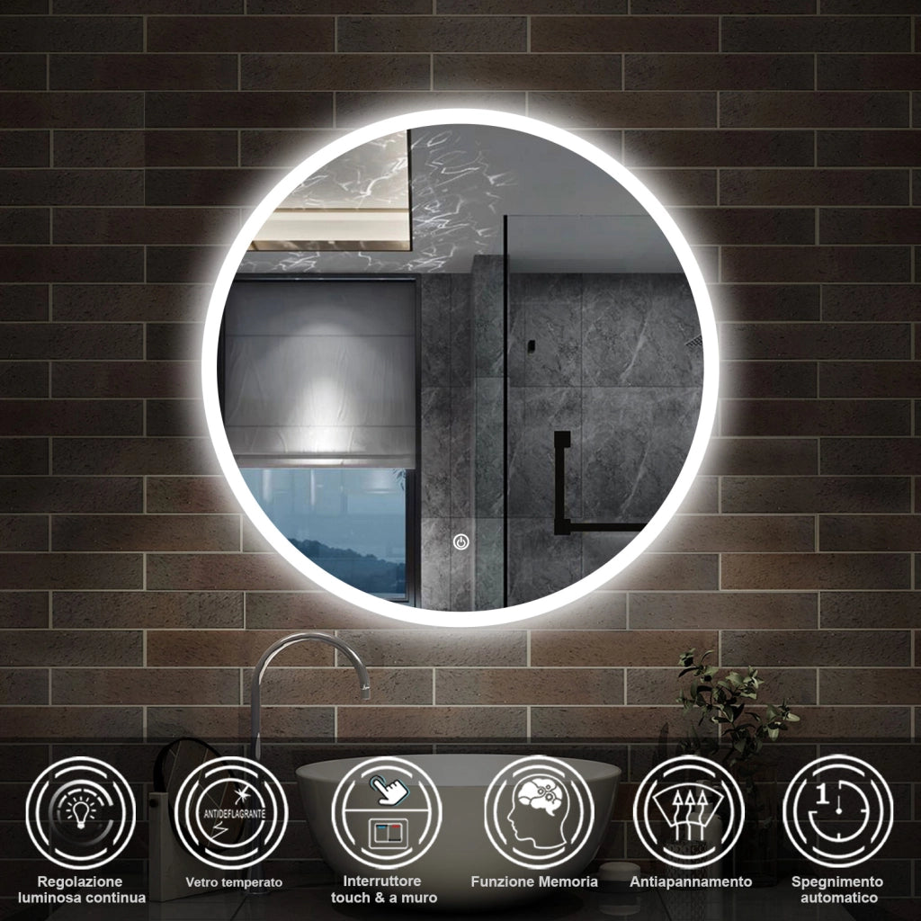 specchio 80 cm rotondo con luce led antiappannamento e touch