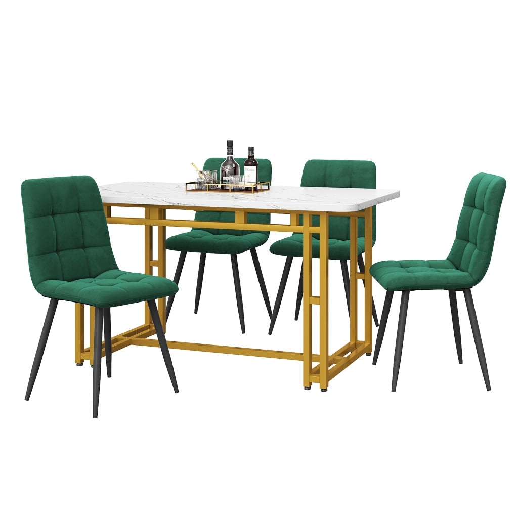 Tavolo da pranzo per 4 persone con 4 sedie in velluto, gambe in metallo dorato, per sala da pranzo, verde scuro, 120 × 70 cm