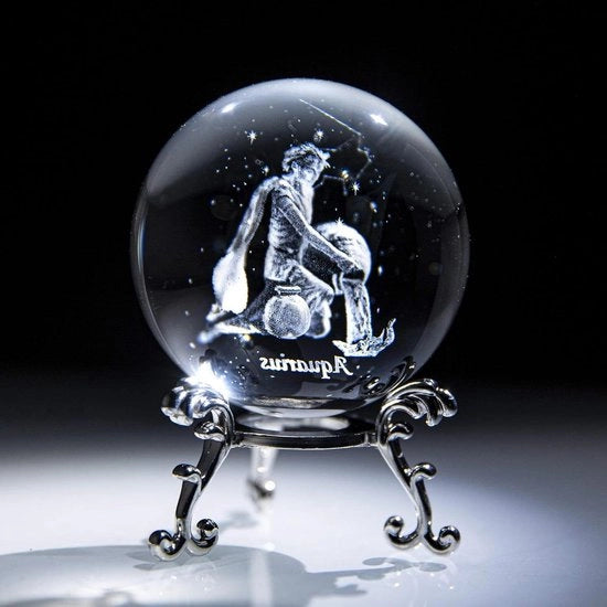 Presse-papier a 3D con disegno di costellazione - Decorazione di vetro a forma di sfera Feng Shui - Incluso sostegno a forma di fiori in argento - Costellazione di Waterman - 60mm di diametro
