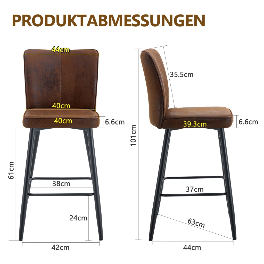 Set di 2 Sgabelli da Bar con Schienale Ergonomico e Poggiapiedi Quadrato; Metallo e Tessuto; Marrone e Nero