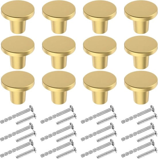 Pomelli di Caricamento - Maniglie Ronde per Cucina e Comodino - 12 Pezzi - Oro - 20 x 25 mm