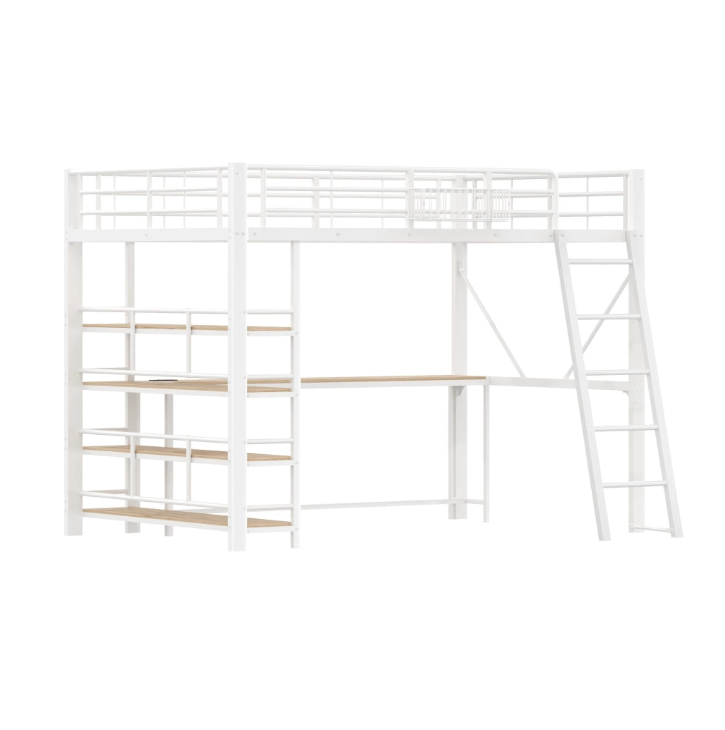 Letto a soppalco 140x200 cm con scrivania, LED, USB e ripiani bianco