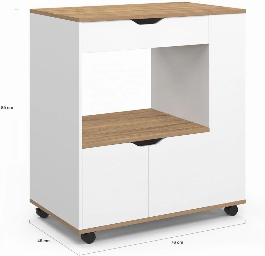 Credenza COSI per microonde con cassetto e ripiani per spezie in legno bianco e vassoi in faggio L.76 cm