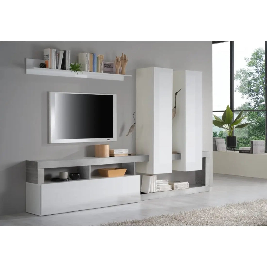 Set mobili soggiorno con contenitori, collezione BURA, bianco lucido/grigio effetto cemento