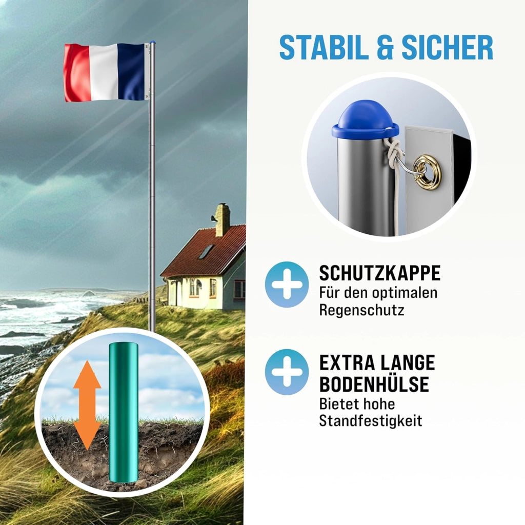 ® Set Montaggio Bandiera con Asta in Alluminio 6,5 m Incl. Fune Moschettone Gancio per Messa a Terra Regolabile in Altezza