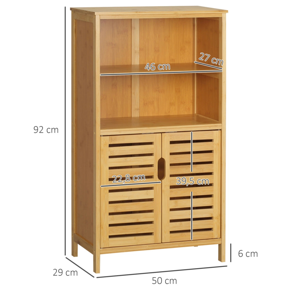 Mobiletto bagno 50x29x92 cm con 2 vani aperti e armadietto doppio; bambù naturale